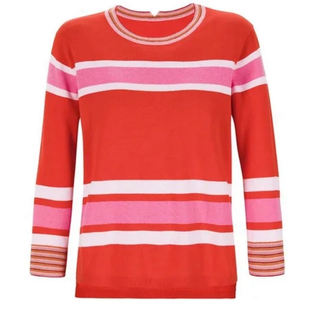 CAbi Cadet Pullover sweater, with a red and pink striped pattern